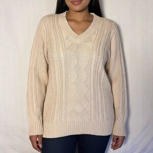 L.L.Bean Signature Cable Knit V-Neck Sweater Size Large Beige Fisherman EUC